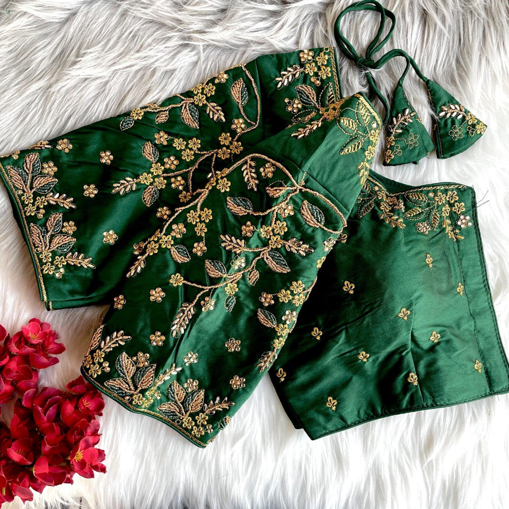 Readymade blouse Banarasi silk fabric Thread ton to ton beads and khatli with handwork work
