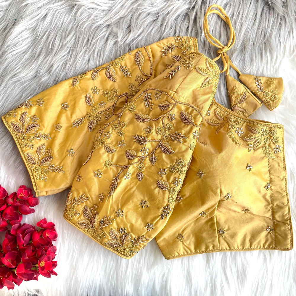 Readymade blouse Banarasi silk fabric Thread ton to ton beads and khatli with handwork work