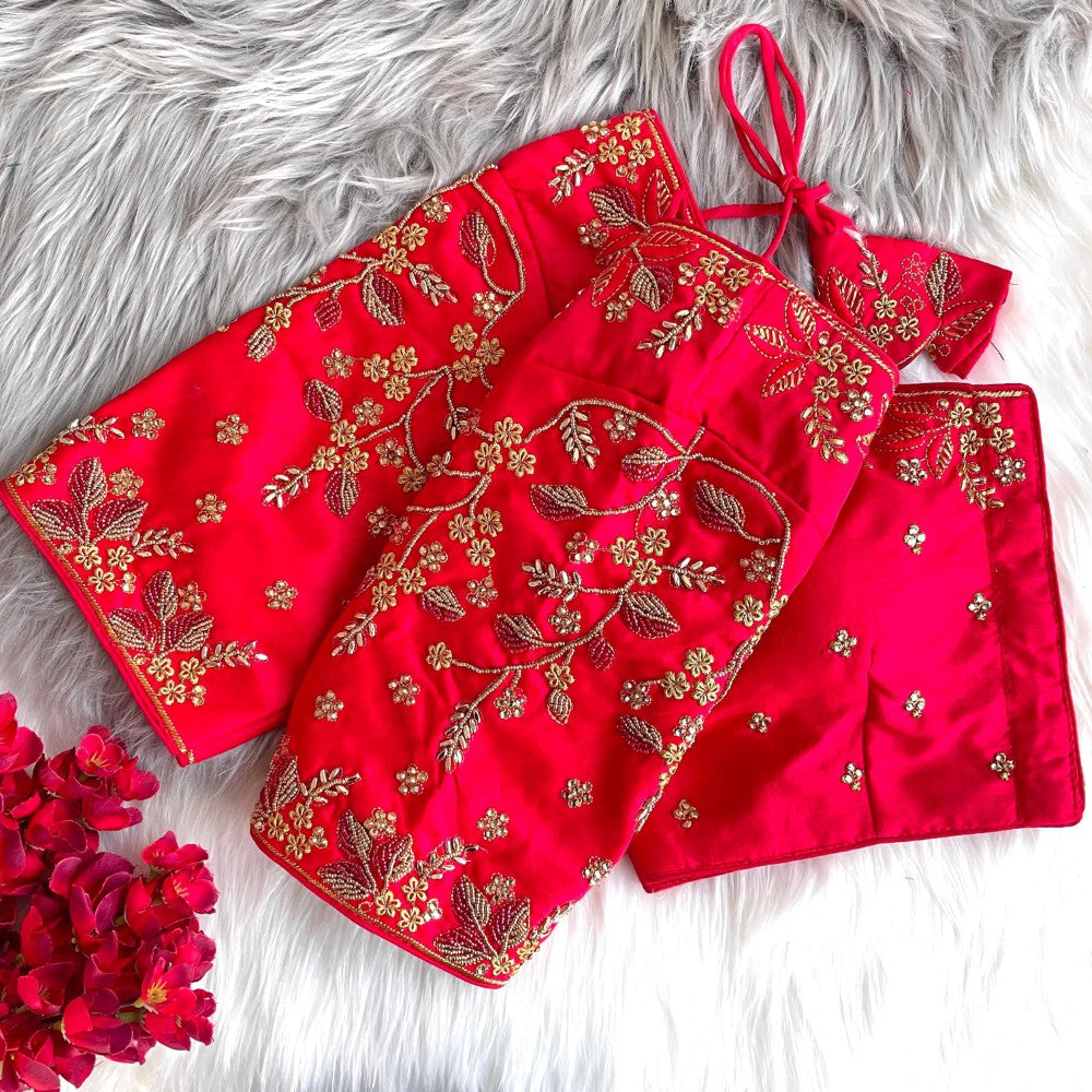 Readymade blouse Banarasi silk fabric Thread ton to ton beads and khatli with handwork work