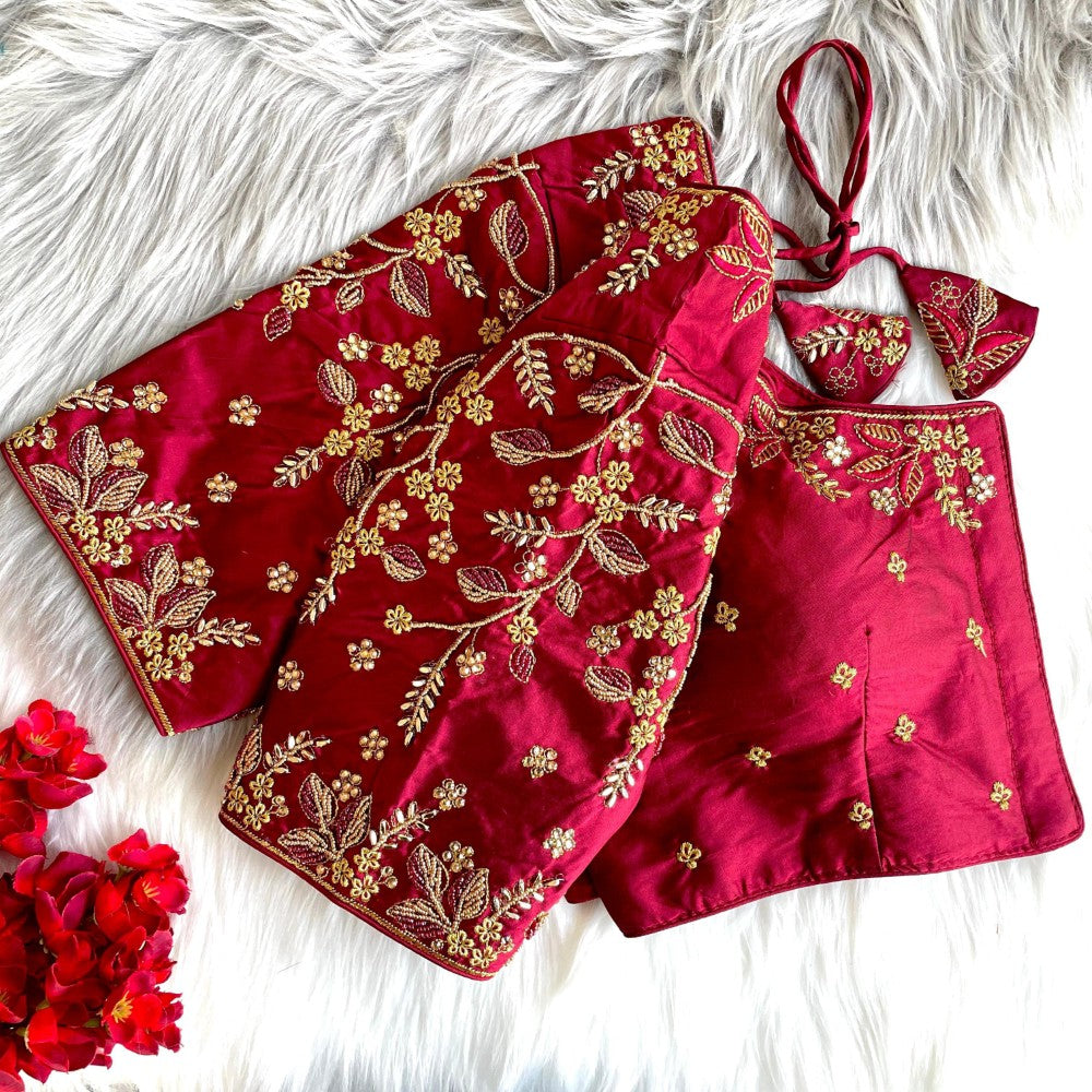 Readymade blouse Banarasi silk fabric Thread ton to ton beads and khatli with handwork work