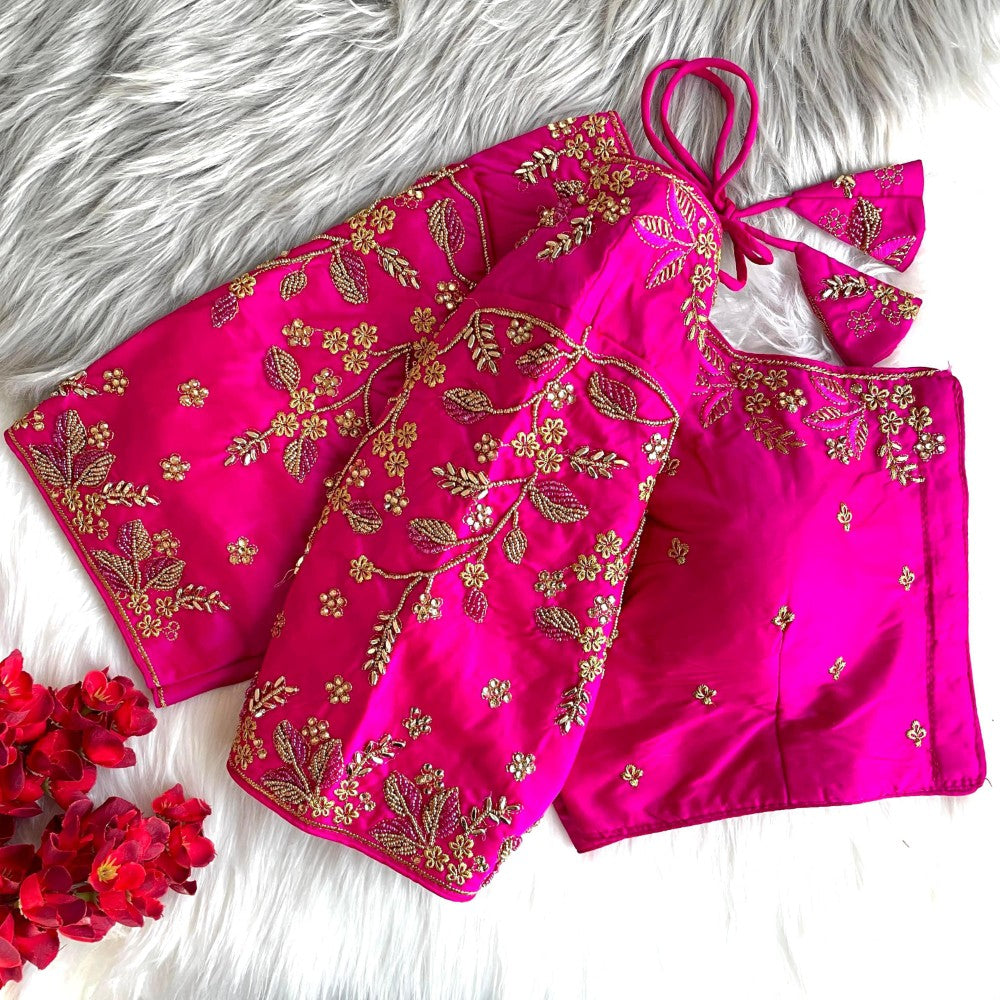 Readymade blouse Banarasi silk fabric Thread ton to ton beads and khatli with handwork work