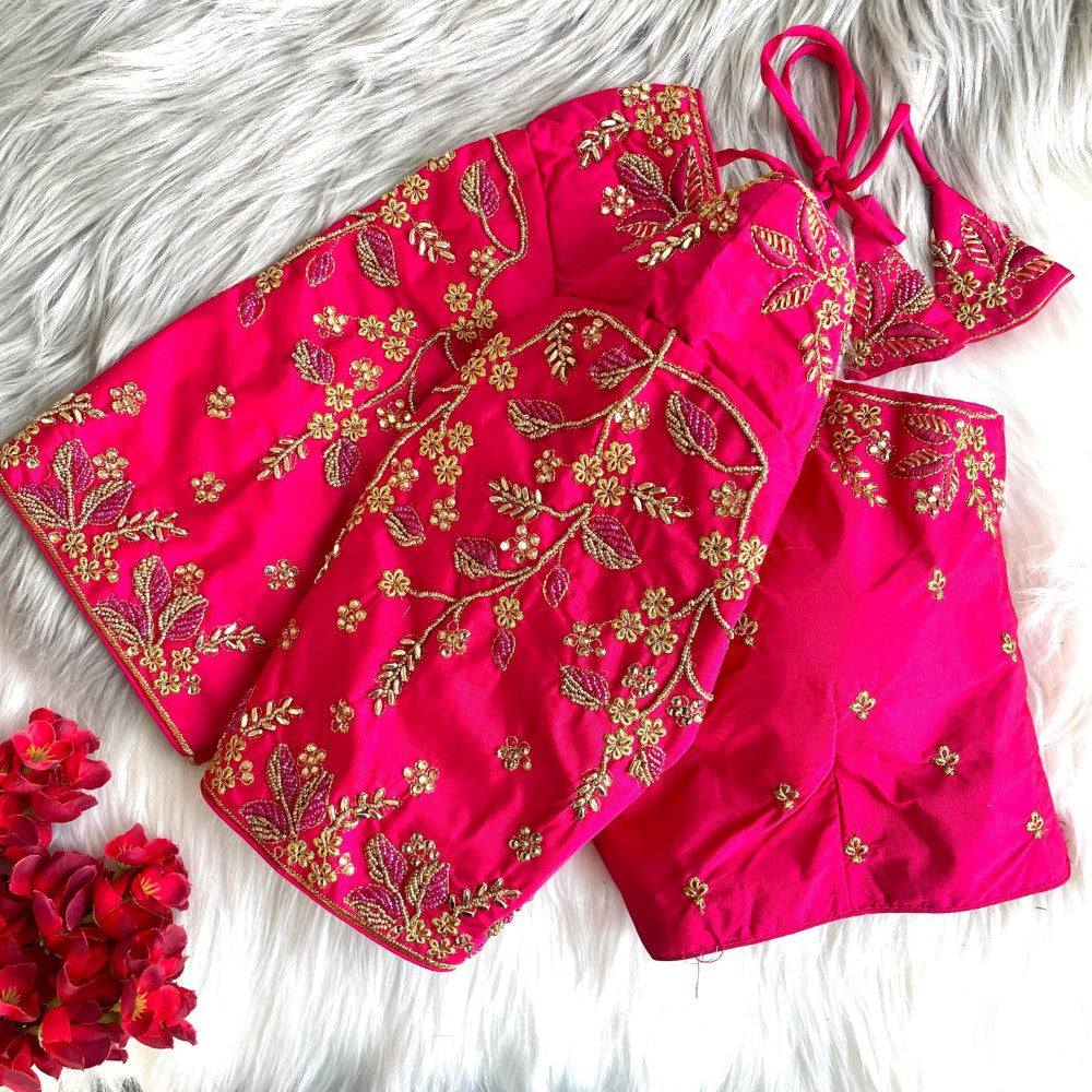 Readymade blouse Banarasi silk fabric Thread ton to ton beads and khatli with handwork work