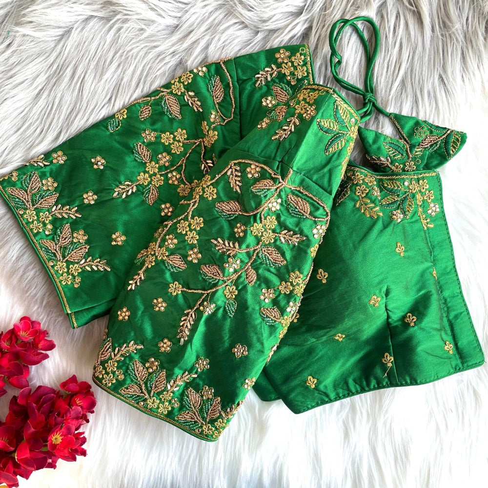 Readymade blouse Banarasi silk fabric Thread ton to ton beads and khatli with handwork work