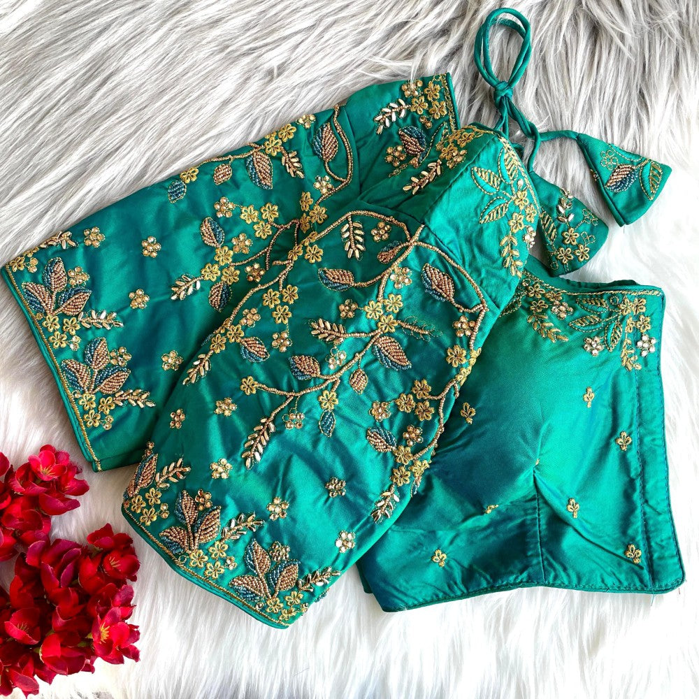 Readymade blouse Banarasi silk fabric Thread ton to ton beads and khatli with handwork work