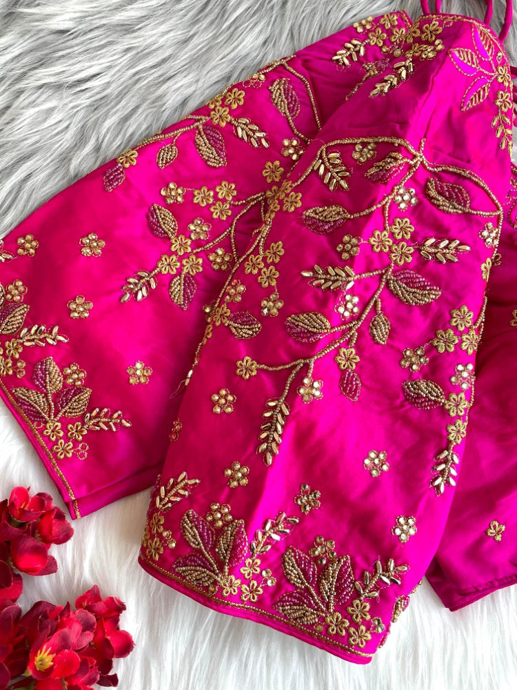 Readymade blouse Banarasi silk fabric Thread ton to ton beads and khatli with handwork work