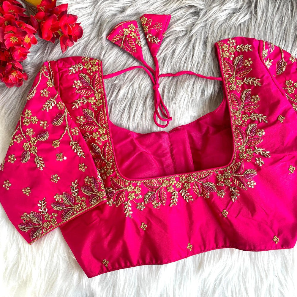 Readymade blouse Banarasi silk fabric Thread ton to ton beads and khatli with handwork work