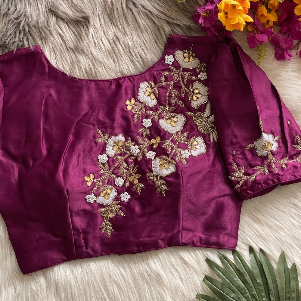 Silky silk fabric with hand work blouse Women's top wear Padded blouse Lehenga top wear
