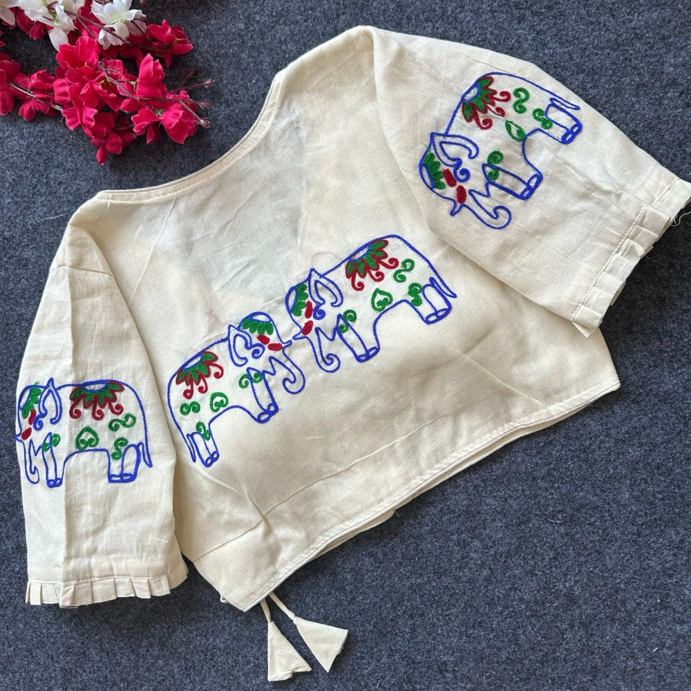 Pure khadi cotton fabric V neck Hand Embroidery work blouse Padded blouse for women