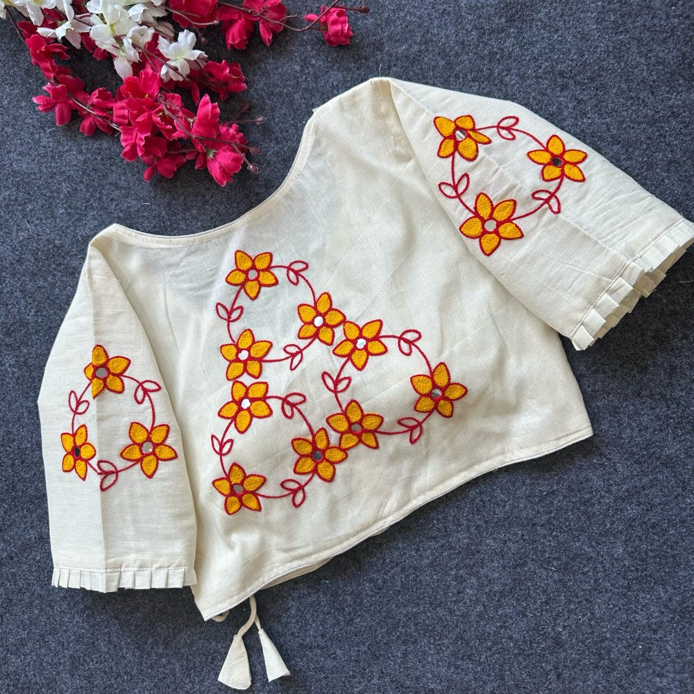 Pure khadi cotton fabric V neck Hand Embroidery work blouse Padded blouse for women