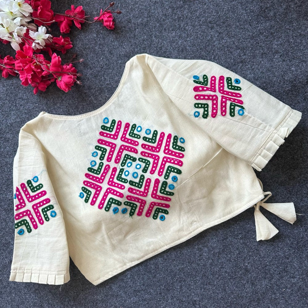 Pure khadi cotton fabric V neck Hand Embroidery work blouse Padded blouse for women