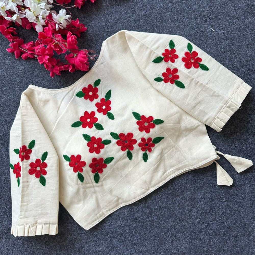 Pure khadi cotton fabric V neck Hand Embroidery work blouse Padded blouse for women