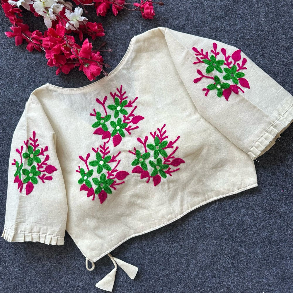 Pure khadi cotton fabric V neck Hand Embroidery work blouse Padded blouse for women