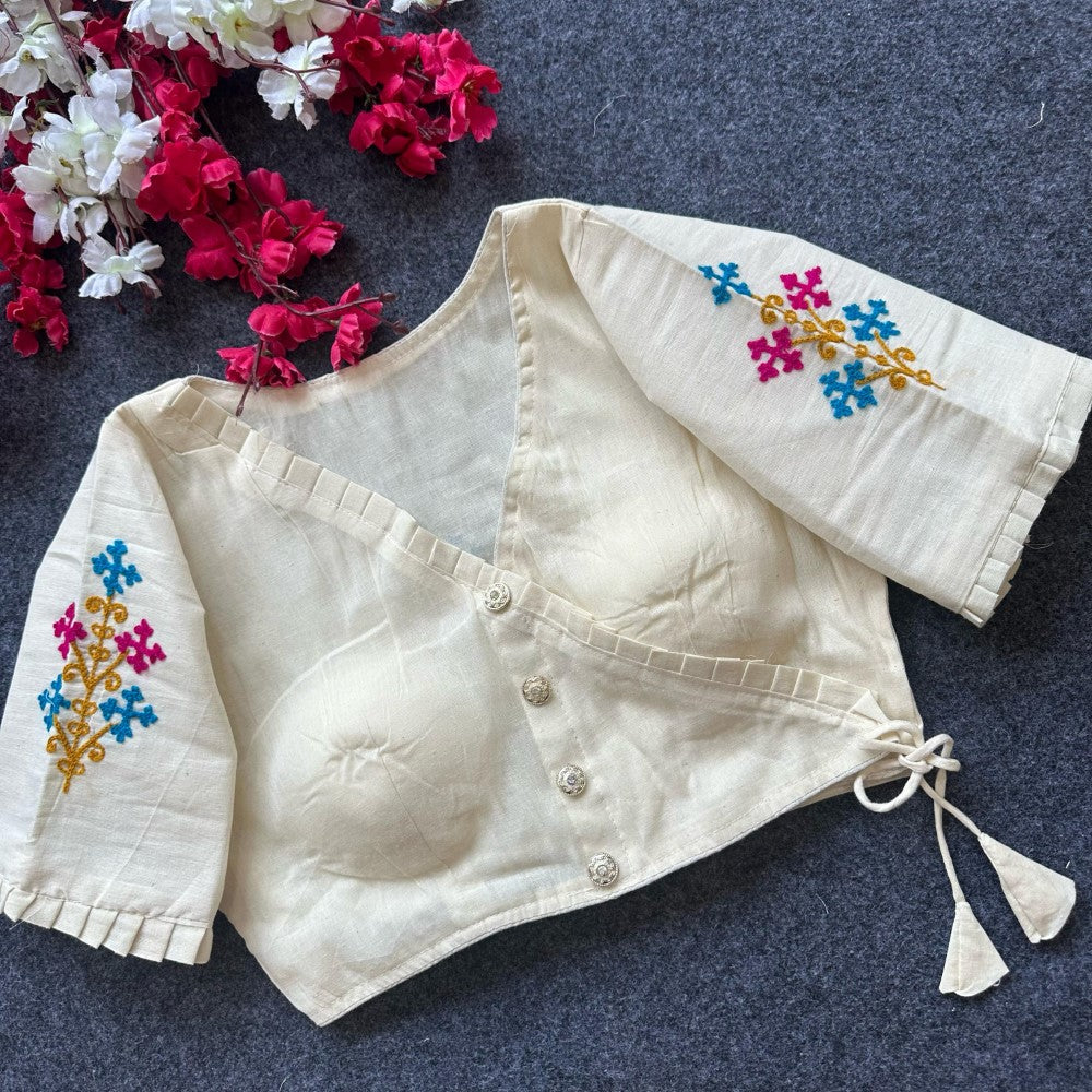 Pure khadi cotton fabric V neck Hand Embroidery work blouse Padded blouse for women
