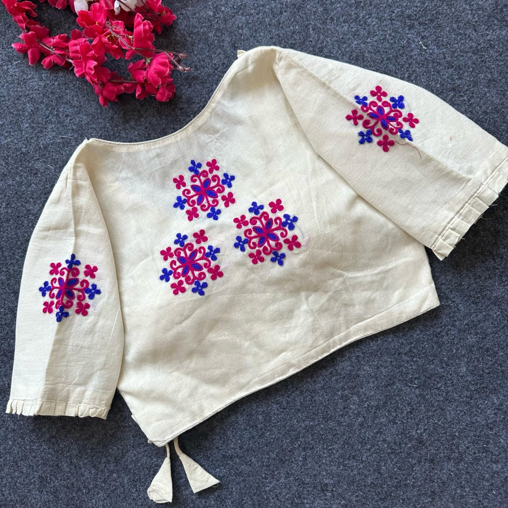 Pure khadi cotton fabric V neck Hand Embroidery work blouse Padded blouse for women