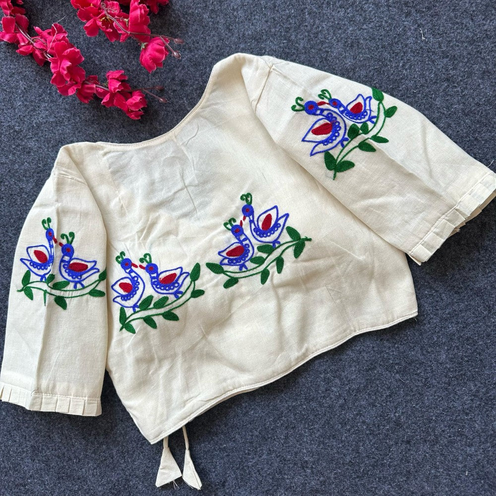 Pure khadi cotton fabric V neck Hand Embroidery work blouse Padded blouse for women
