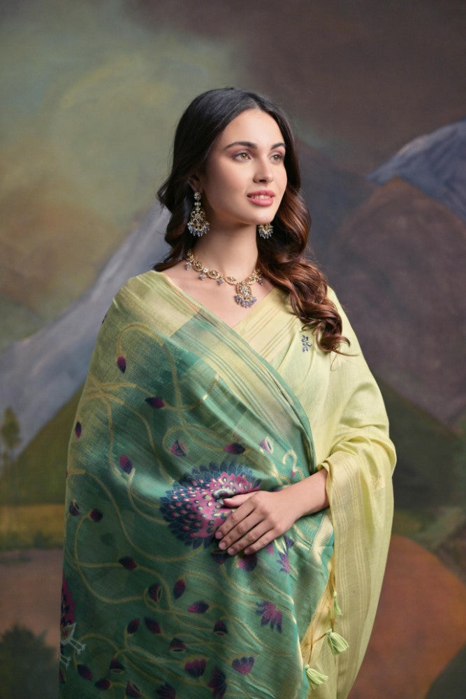 Indian ethnic Soft muga silk saree Resham weaving buttie with fancy tassel work saree