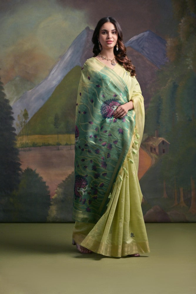 Indian ethnic Soft muga silk saree Resham weaving buttie with fancy tassel work saree
