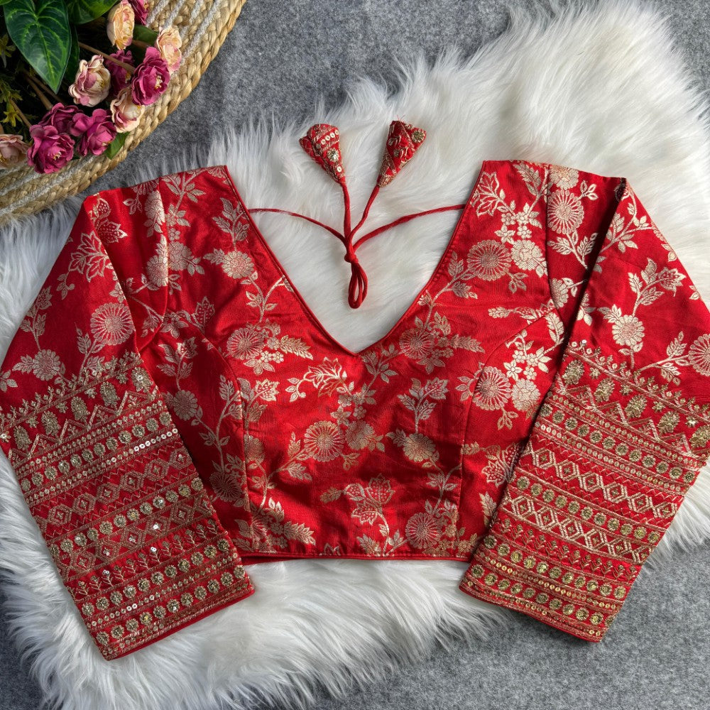 Long sleeves blouse Dola silk fabric V Shape neck Embroidery work Partywear Blouse