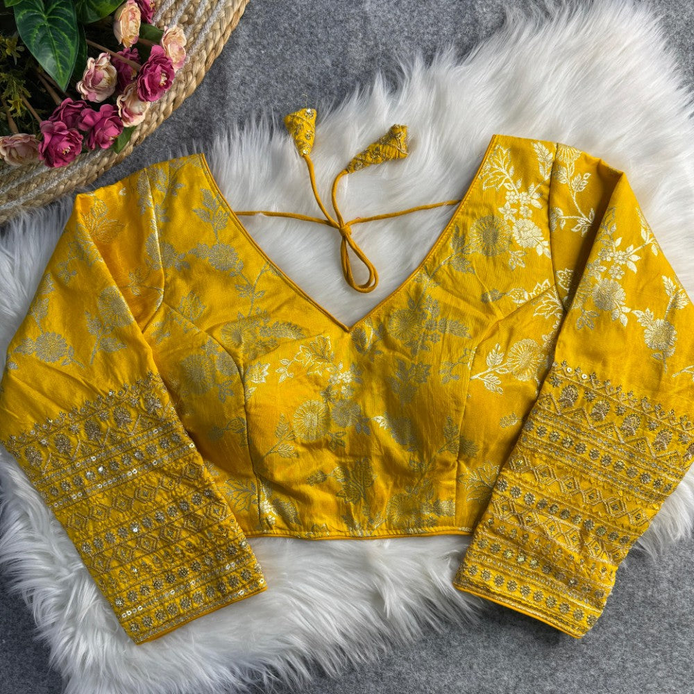 Long sleeves blouse Dola silk fabric V Shape neck Embroidery work Partywear Blouse