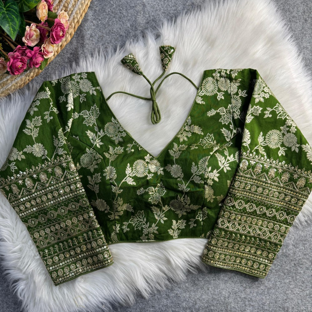 Long sleeves blouse Dola silk fabric V Shape neck Embroidery work Partywear Blouse