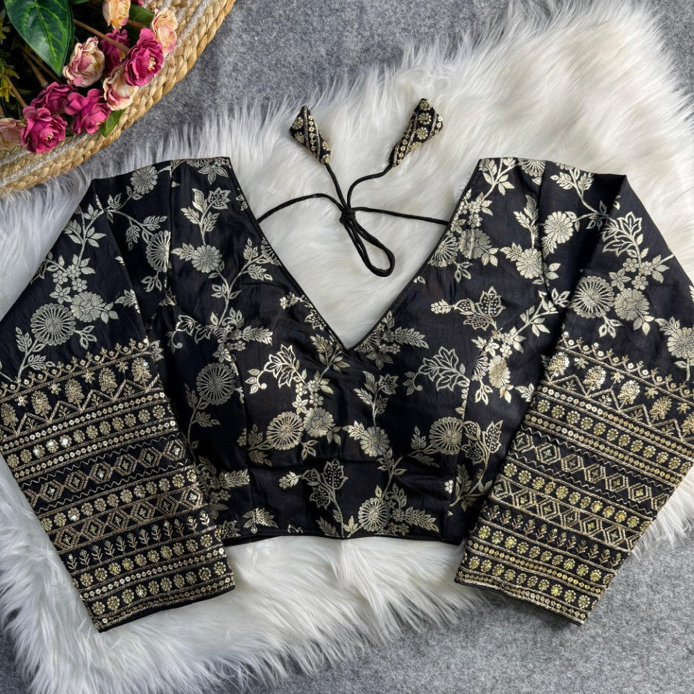 Long sleeves blouse Dola silk fabric V Shape neck Embroidery work Partywear Blouse