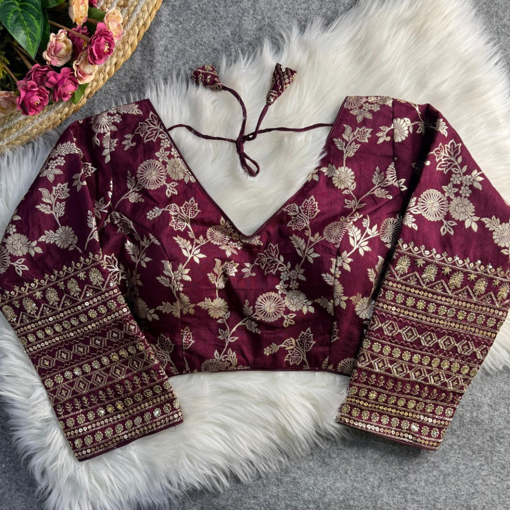 Long sleeves blouse Dola silk fabric V Shape neck Embroidery work Partywear Blouse