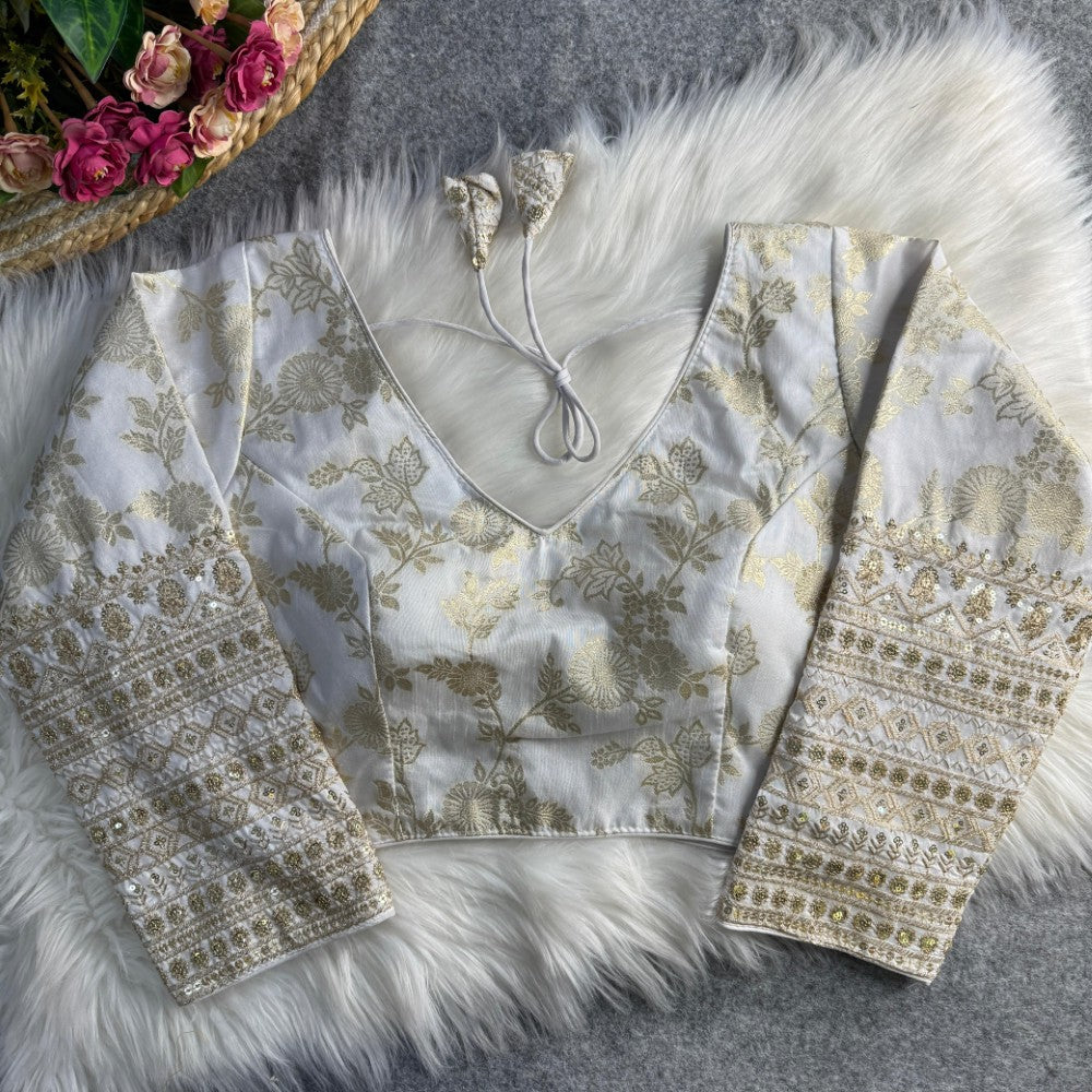 Long sleeves blouse Dola silk fabric V Shape neck Embroidery work Partywear Blouse