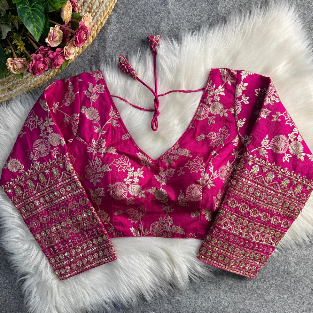 Long sleeves blouse Dola silk fabric V Shape neck Embroidery work Partywear Blouse