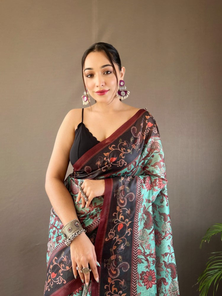 Soft cotton saree with digital print work Women's wear Indian ethnic Sari blouse
