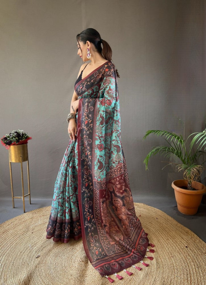 Soft cotton saree with digital print work Women's wear Indian ethnic Sari blouse