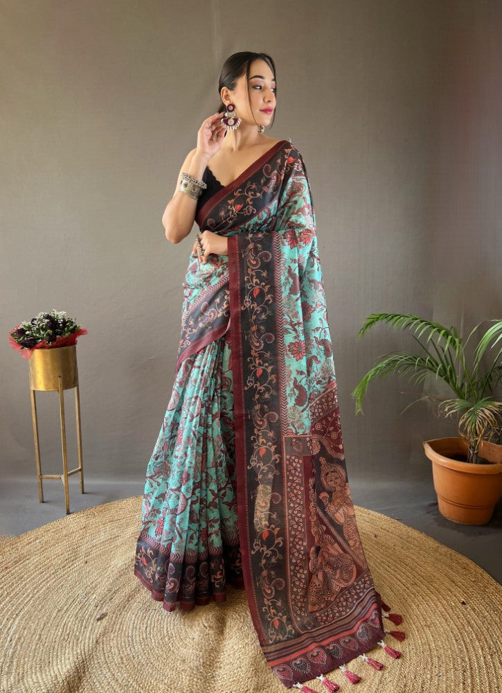 Soft cotton saree with digital print work Women's wear Indian ethnic Sari blouse