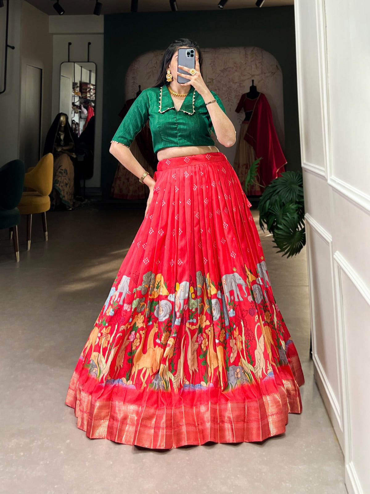 Dola silk lehenga with Kalamkari print zari weaving border Indian ethnic ghagra choli