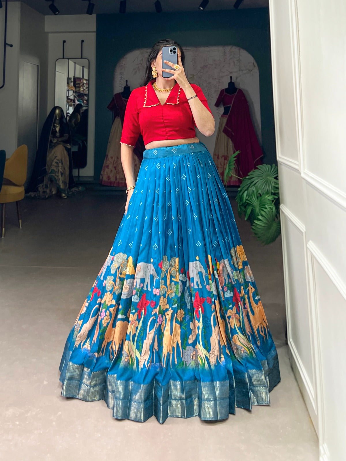 Dola silk lehenga with Kalamkari print zari weaving border Indian ethnic ghagra choli