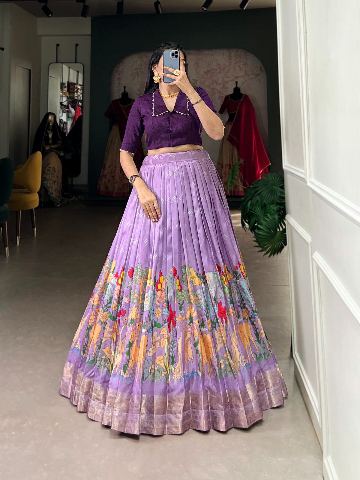 Dola silk lehenga with Kalamkari print zari weaving border Indian ethnic ghagra choli