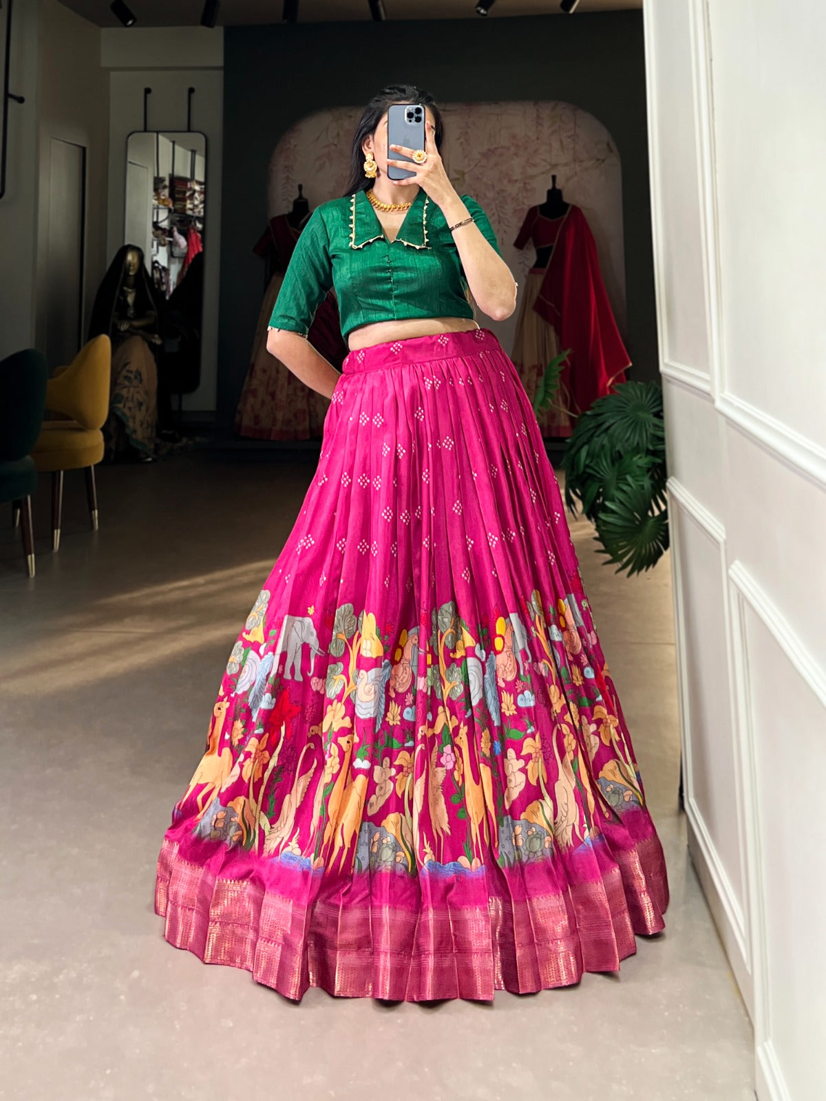 Dola silk lehenga with Kalamkari print zari weaving border Indian ethnic ghagra choli