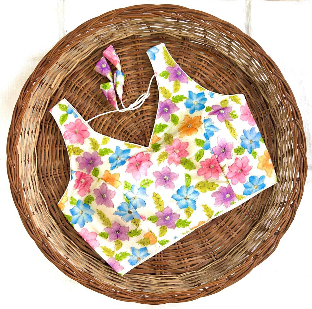 Women's wear sleeveless blouse Organza silk fabric with sequence work Printed padded blouse