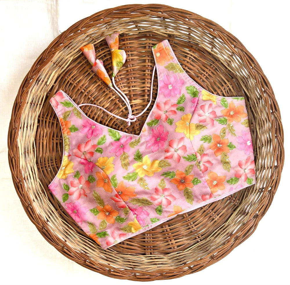 Women's wear sleeveless blouse Organza silk fabric with sequence work Printed padded blouse