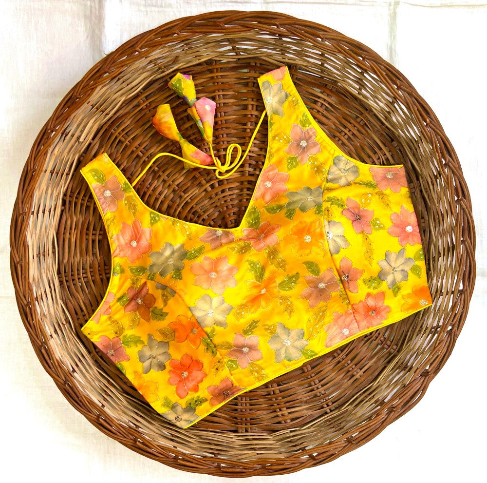 Women's wear sleeveless blouse Organza silk fabric with sequence work Printed padded blouse