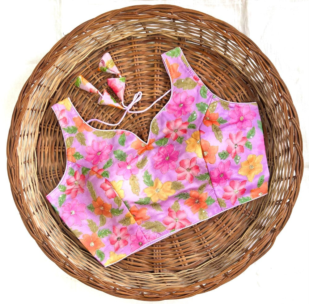 Women's wear sleeveless blouse Organza silk fabric with sequence work Printed padded blouse