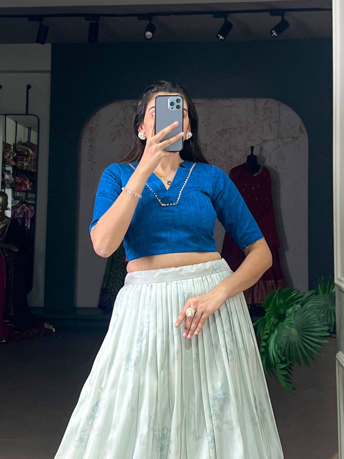 Indo western Co ord lehenga choli set Cotton silk fabric Blue lehenga with floral print work