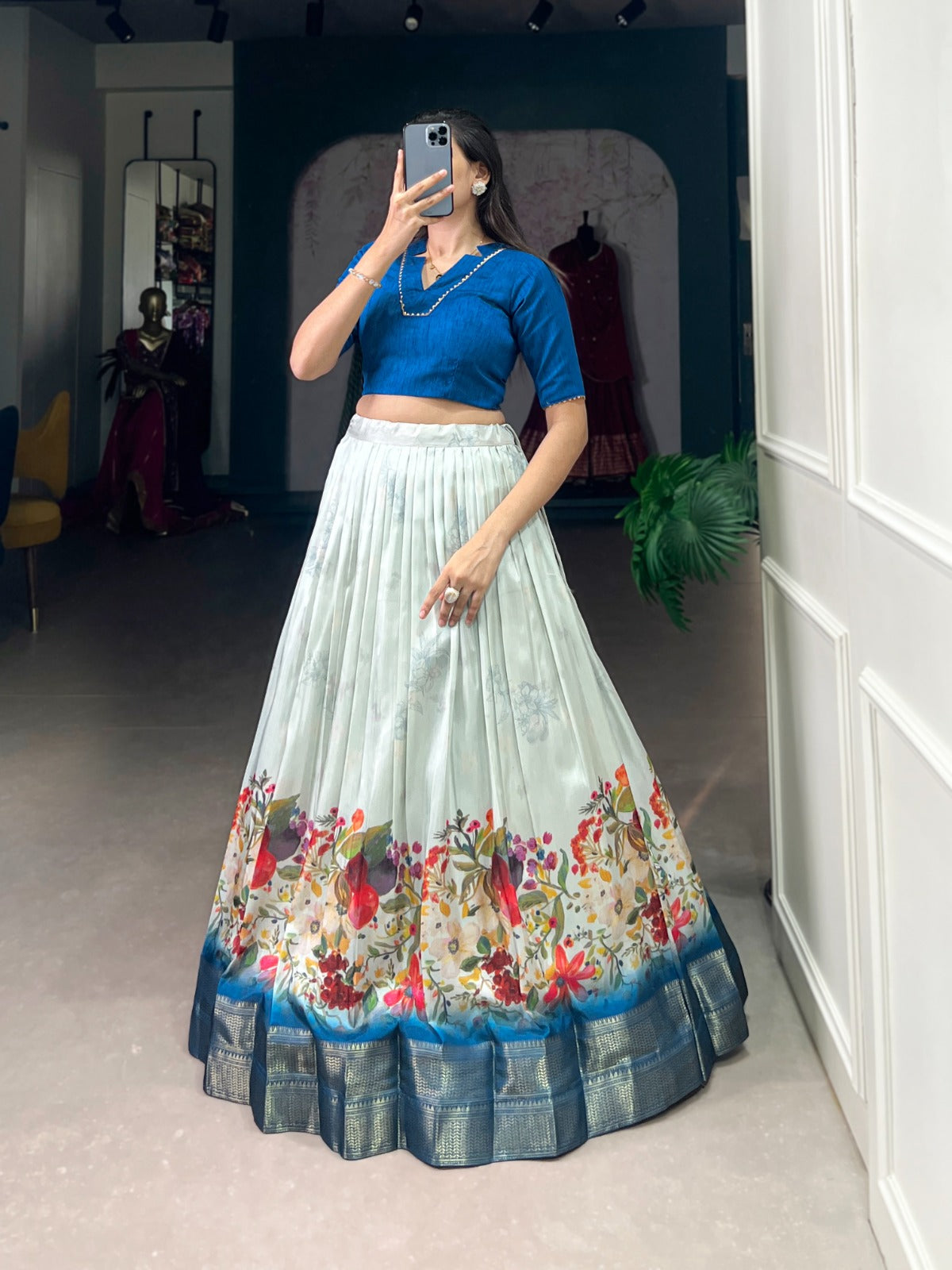 Indo western Co ord lehenga choli set Cotton silk fabric Blue lehenga with floral print work