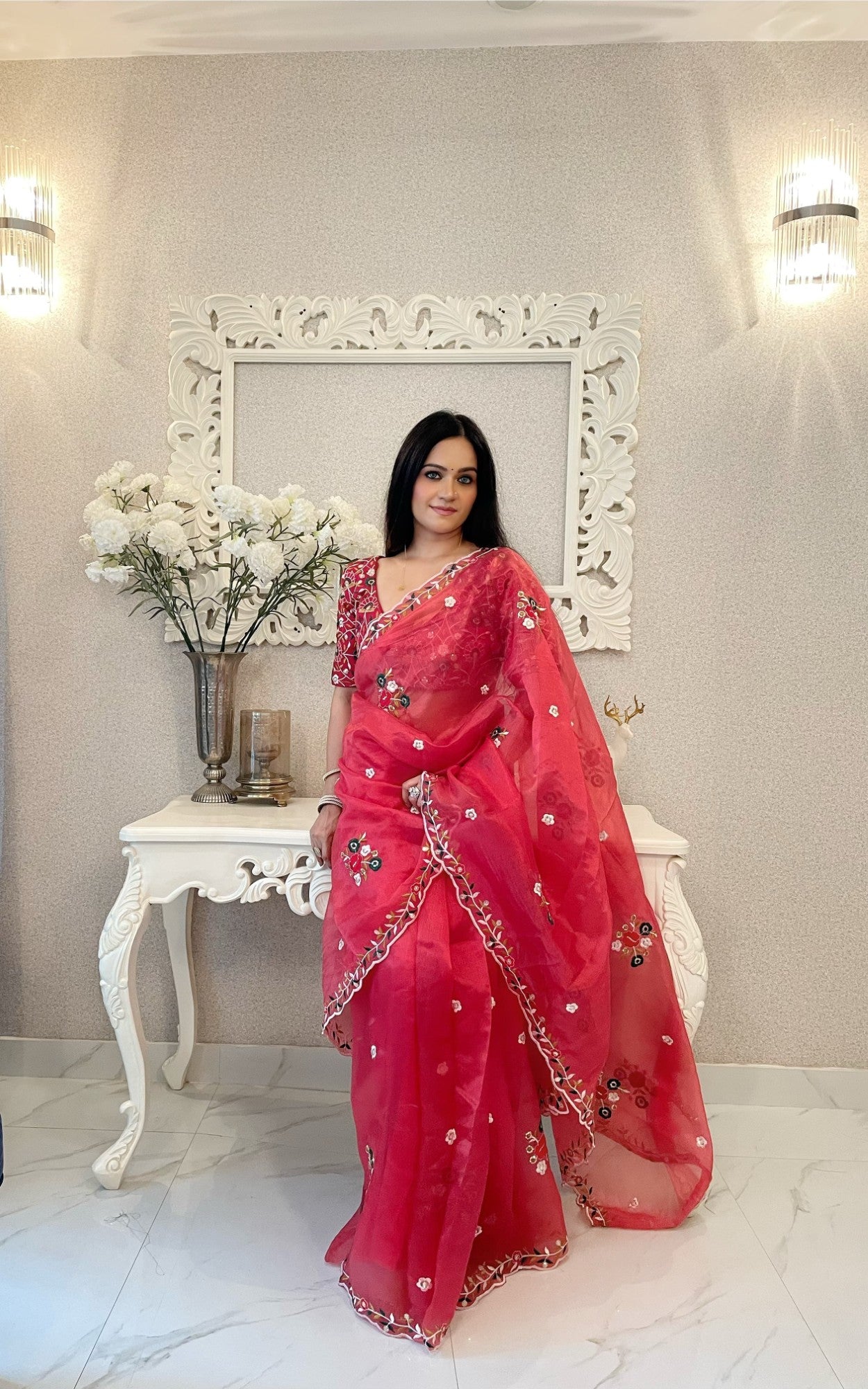 Rani pink Soft organza saree Embroidery with sequence butta work Saree with blouse