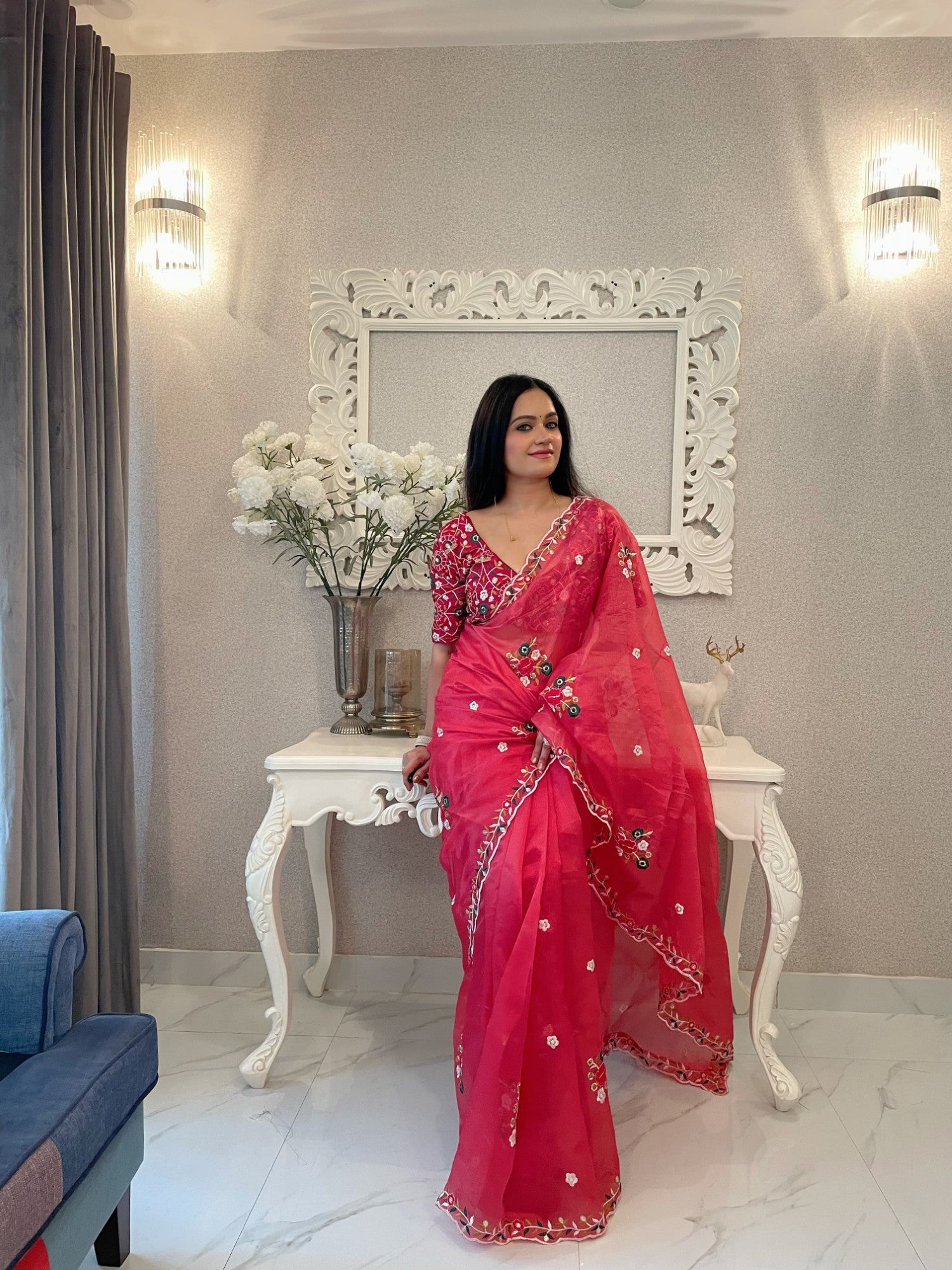 Rani pink Soft organza saree Embroidery with sequence butta work Saree with blouse