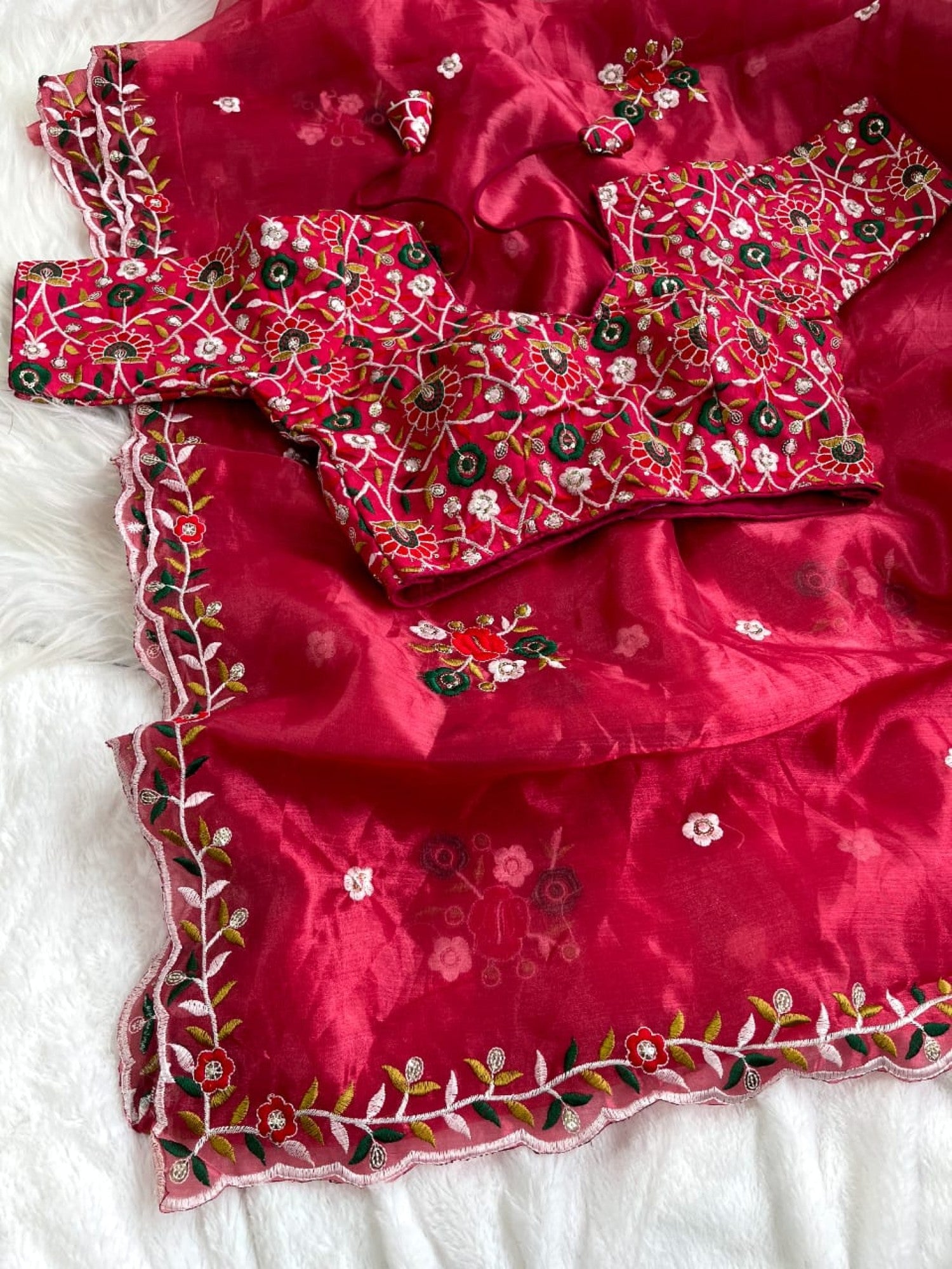 Rani pink Soft organza saree Embroidery with sequence butta work Saree with blouse