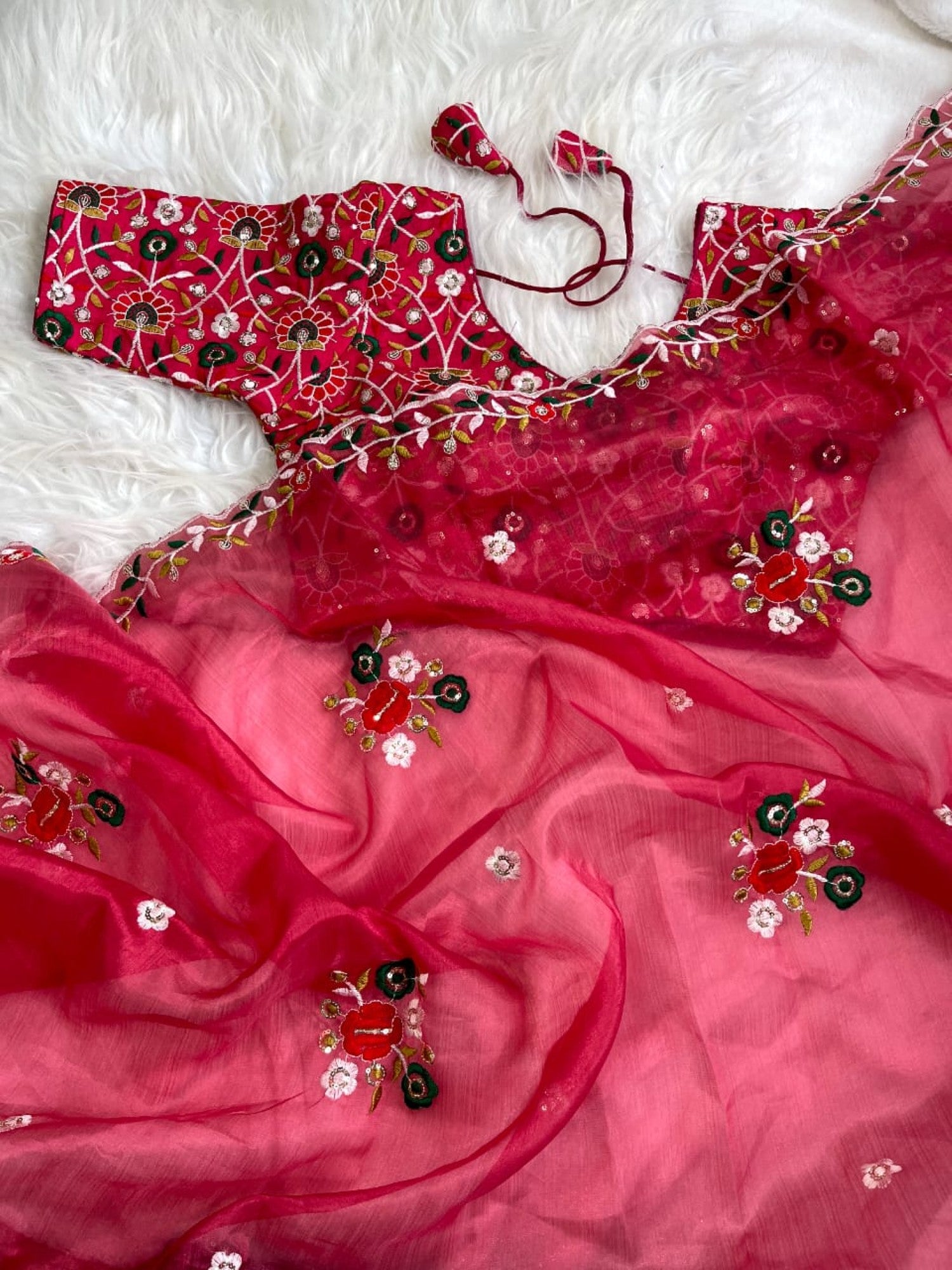 Rani pink Soft organza saree Embroidery with sequence butta work Saree with blouse