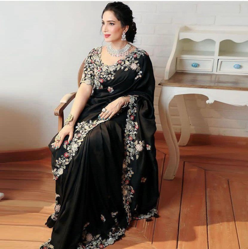 Black saree Georgette fabric with Embroidery border work saree