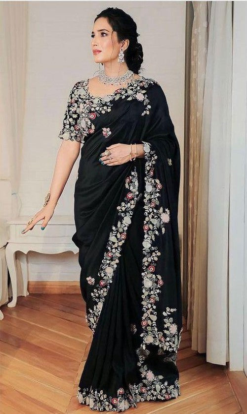Black saree Georgette fabric with Embroidery border work saree
