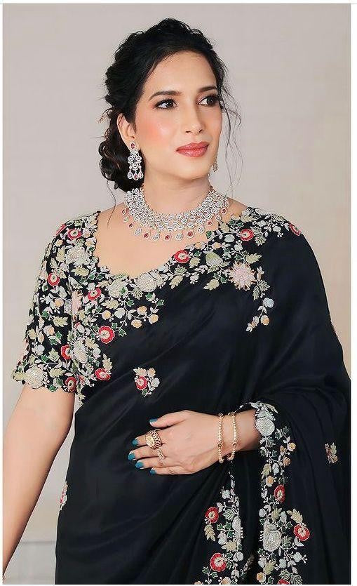 Black saree Georgette fabric with Embroidery border work saree