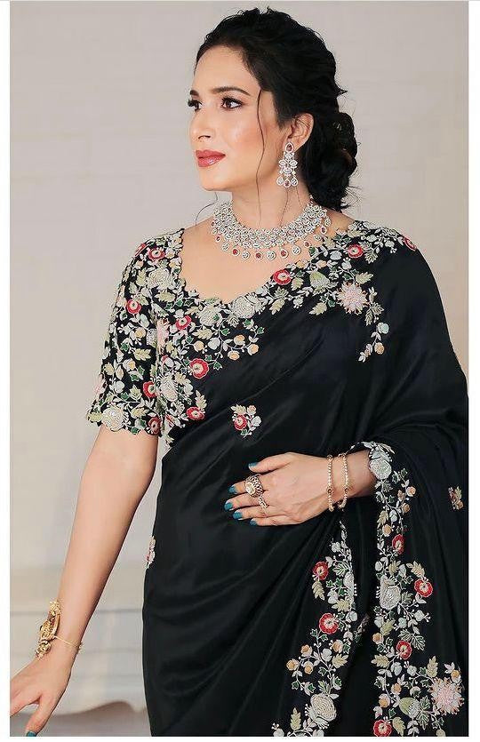 Black saree Georgette fabric with Embroidery border work saree