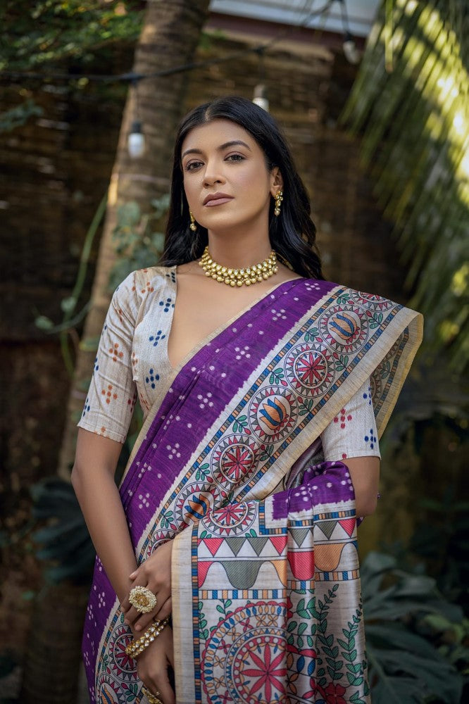 Women's wear Tussar soft silk saree Madhubani print on pallu with classic bandhani print all over saree